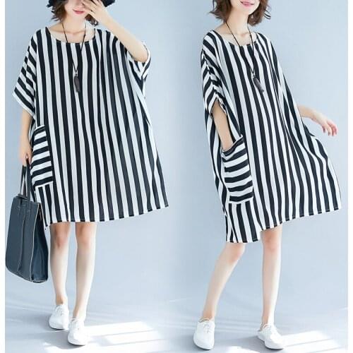 Plus Sizes Summer Dress Women European Casual Loose Striped Big Pocket Chiffon Dresses Female Holiday Style Beach vestidos