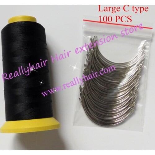 Free shipping 100pcs Large type C hair weaving needles curved needles with 1 roll Black thread Nylon weaving thread