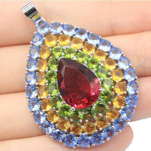 53x37mm Multi Color Big Drop Gemstone for Women Silver Pendant Created Pink Tourmaline Citrine Peridot Tanzanite Eye Catching