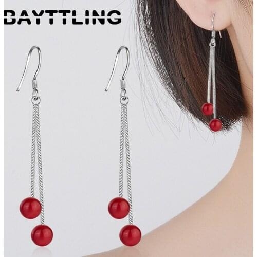 BAYTTLING 925 Sterling Silver Delicate Red Round Stone Pendant Long Earrings For Women Fashion Wedding Jewelry Gift Earrings