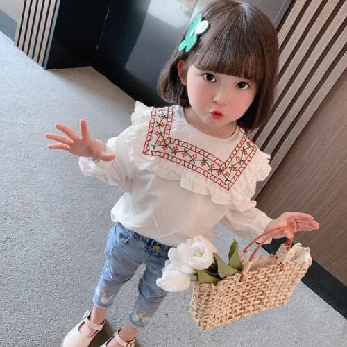 Korean style spring autumn fashion baby girls embroidery turndown collar blouses 2021 spring toddler kids casual clothes Tops