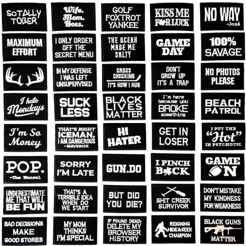 Black And White Text DIY Cloth Iron On Embroidered Badges Patches For Clothes Stickers Humorous Sentence