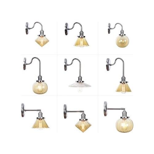 Chrome Finished Iron Rack Wall Mount Wall Sconce with Clear Glass Lampshade E27 LED Edison Bulb Wall Lamp for Aisle Balcony