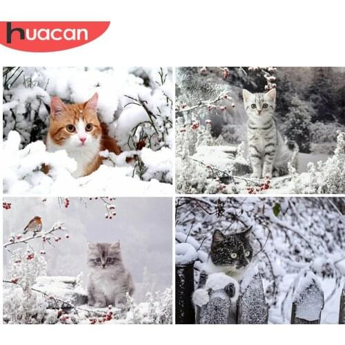 HUACAN Full Square Round Diamond Embroidery Cat Diamond Painting Animal Picture Of Rhinestone Diamond Mosaic Winter Home Decor