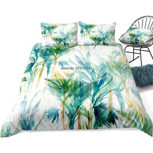 Trees Bedding Set Duvet Cover Set Palm Trees Home Textiles Tropic Plants Bedclothes Water Color Bed Linen Green White Bed Set
