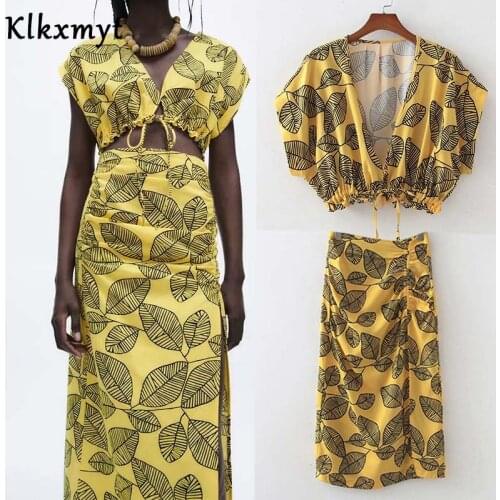 Klkxmyt Za 2021 Women 2 Pieces Set Print Short Tops Suit Woman High Waisted Midi Skirt Set Side Split Female Summer Outfits