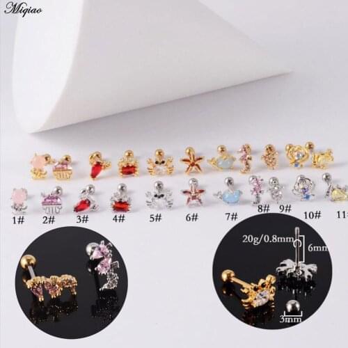 Miqiao 2pc Stainless Steel Thin Rod Threaded Earrings Zircon Earrings Starfish Crab Ear Bone Nails Fashion Jewelry