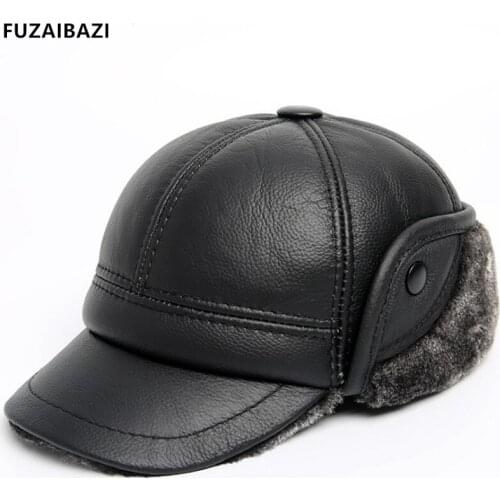FUZAIBAZI Fashion Genuine Leather Hat Mens Winter Keep Warm Plus Fleece New Ear Protection Middle-Aged Lei Feng Cap