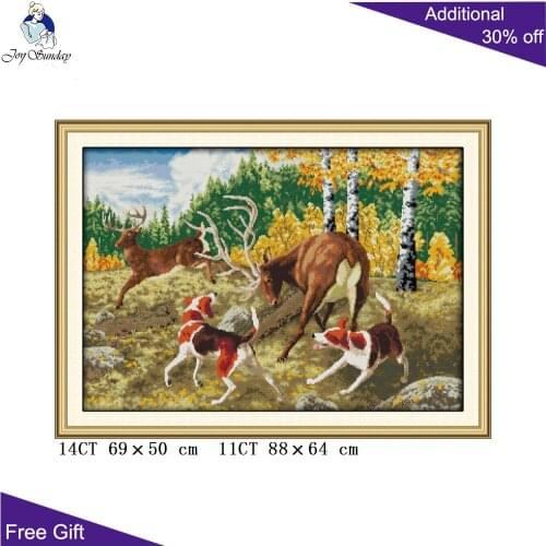 Joy Sunday Hunting Cross Stitch D982 14CT 11CT Stamped and Counted Hound and Elk Animal Home Decoration Cross Stitch Kits
