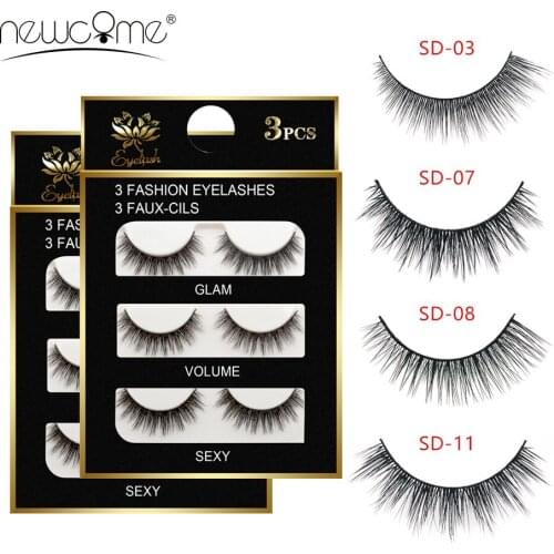NEWCOME 3 Pairs/box 3D False Mink Eyelashes Luxury Full Strip Natural Long Eyelash 100% Hand Made Fake Lashes Makeup Tools