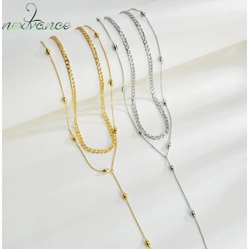 Nextvance Multilayer Stainless Steel Fashion Bead Pendant Necklace Sweater Chain for Women Girl Anniversary Gift Bijoux Jewelry