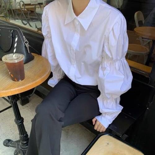 HOUZHOU 2021 New Women White Shirt Puff Long Sleeve Turn Down Collar Korean Office Lady Chic Elegant Blouse Female Fashion Basic