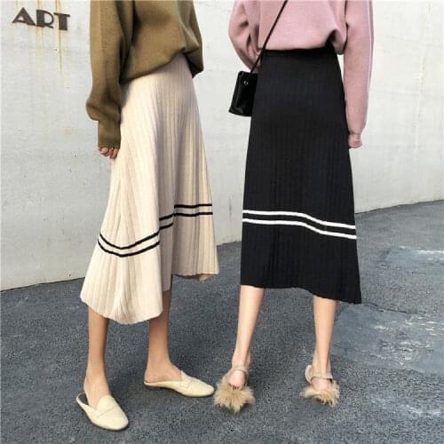 2021Autumn Winter Women Knitting Midi Skirts Female High Waist A-line Skirt Ladies Vintage Long Elegant Skirt Streetwear H502