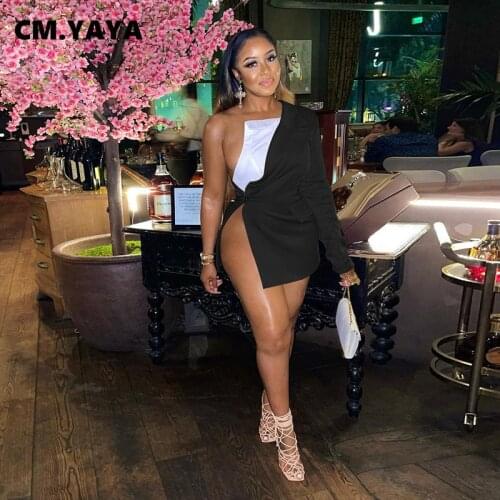 CM.YAYA Women Blazers Patchwork Asymmetrical One Shoulder Coats Sexy Night Clubwear Female Fashion High Streetwear Autumn 2021