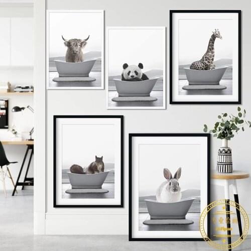 Animal In Bathtub Poster Panda Giraffe Wolf Rabbit Cow Canvas Painting Print Nursery Wall Art Pictures for Kid Room Home Decor
