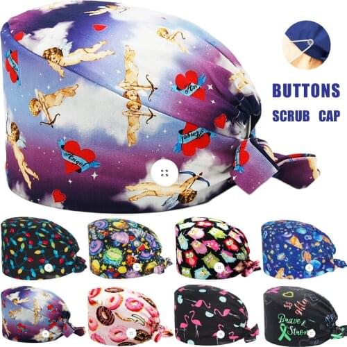 Unisex Adjustable Scrubs Caps Cotton Cupid Printing Nursing Hats Nurse Uniform Accessories Pet Shop Chef Lab Work Scrub Cap