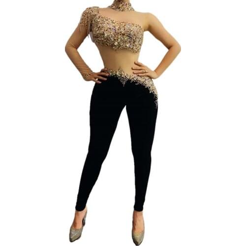Sexy Rhinestones Bodysuit Dance Costume Fringe Transparent Jumpsuit Black Velvet Leggings Dance Outfit Bar Singer Wear Outfit