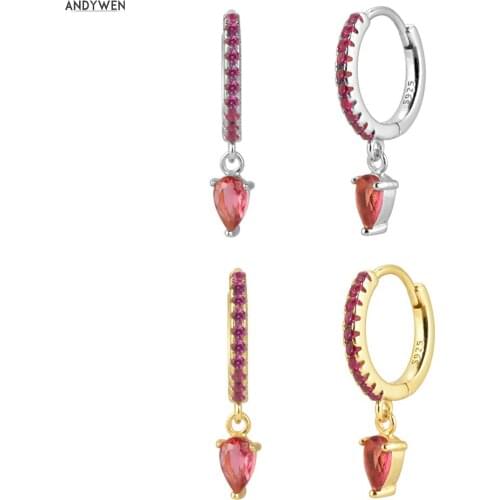 Andywen 100% 925 Sterling Silver Ovals Rose Red Ovals Zircon CZ Pave Drop Earring Luxury Women Rock Punk Piercing Jewelry