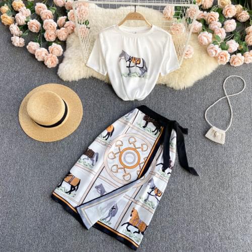 SINGREINY Women 2021 Summer Design Korean Horse Print Set Short Sleeve O Neck White T-shirt+High Waist Midi Skirt Two Piece Suit