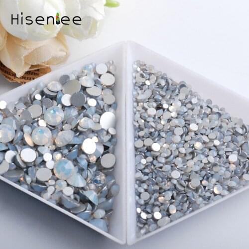 Hisenlee Mixed Size White Opal Glass Nail Art Crystals Flatback Non Hotfix Rhinestones Strass For 3D Crafts Arts Accessories