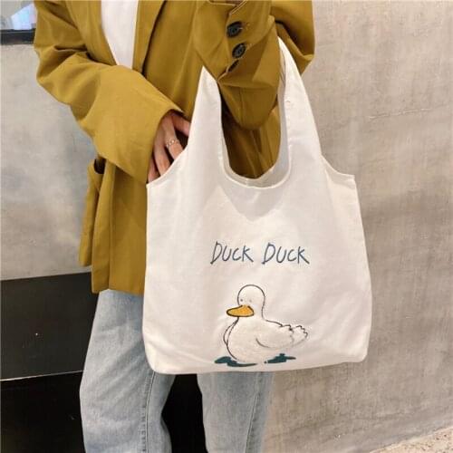 Bags for Women Cute Duck Japanese Cartoon Shoulder Bag Reusable Capacity Shopping Student Canvas Bags Casual Tote Female Handbag