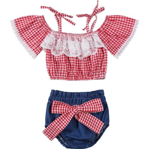 Citgeett Summer Baby Girls Tracksuits Plaid Lace Straps Flare Sleeves Tops + High-Waist Shorts Clothes Set 0-18Months