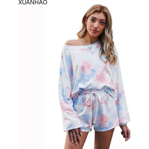 XUANHAO 2 Piece Sets Pijamas Women Tie Dye Homewear Casual Tshirt Biker Shorts Sports Tracksuits Sleepwear Pajamas Lounge Wear
