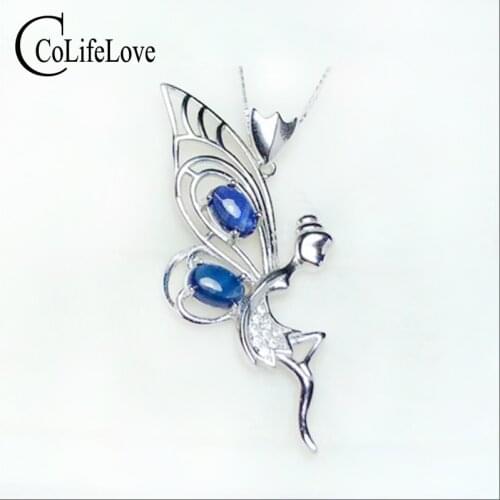 CoLife Jewelry 925 silver fairy pendant for young girl natural cabochon cut sapphire pendant sterling silver gemstone jewelry