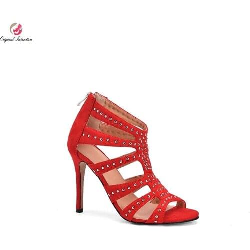 Red Gladiator Women Sandals Fashion Flock Thin High Heels Femmes Sandales Front Rear Strap Zipper Party Shoes Plus Size 35 45 52