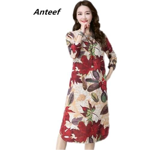 Long sleeve plus size cotton linen vintage floral dresses for women casual loose autumn spring dress elegant clothes 2021