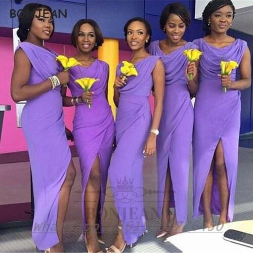 2021 Purple Bridesmaid Dresses Mermaid V Neck Elastic Satin Split Side South African Bridesmaid Dress Party Dress