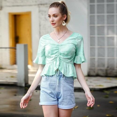 2021 Summer New WomenS V-Neck Pleated Light Blue Casual Top Girl Ruffled Short Butterfly Sleeves T-Shirt YY131