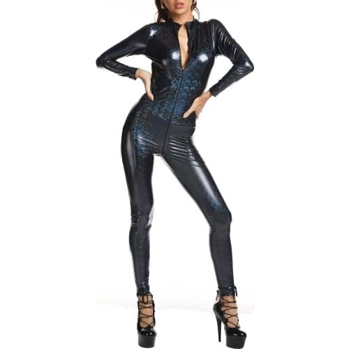 Shiny PVC Bodysuits Catsuit Womens Nightclub Party Sexy Erotic Jumpsuit Long Sleeves Zipper Crotch PU Leather Wet Look Jumpsuits