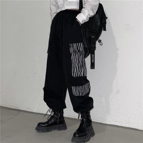 Streetwear Loose Black Cargo Pants Women Drawstring Big Pockets Trousers Baggy High Waist Pants Hip Hop Women Bottom