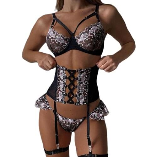 Ellolace Floral Lingerie Sexy Underwear Women Ruffled Sensual Lingerie Woman Push up Bra with Bones Underwear Set with Waistband