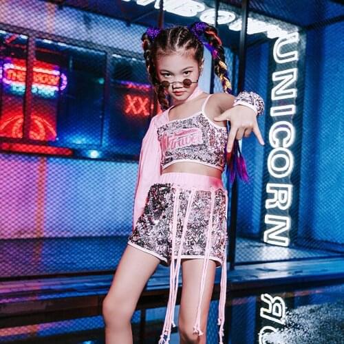 Children Hip-Hop Costumes Pink One-Long Sleeve Sequin Suit For Girls Jazz Dance Kids Modern Street Dance Stage Clothing DQL5685