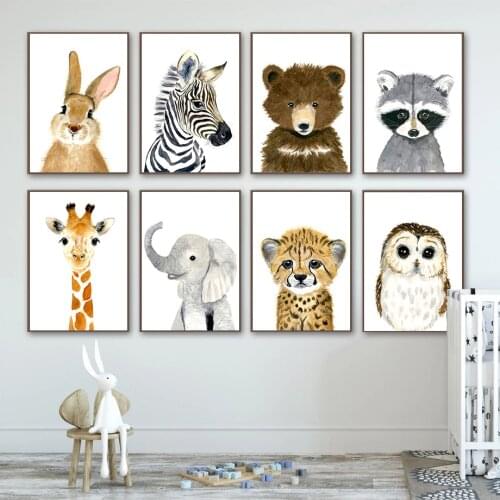 Baby Elephant Giraffe Zebra Rabbit Fox Bear Safari Animal Wall Art Poster Print Canvas Painting Nordic Pictures Kids Room Decor
