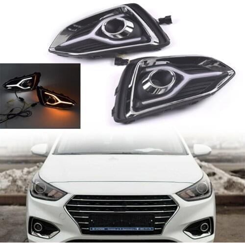 For Hyundai Accent 2018 2019 2020 Car LED Fog Lights Daytime Day White+Yellow Lights Auto DRL Lamp 2Pcs/Set