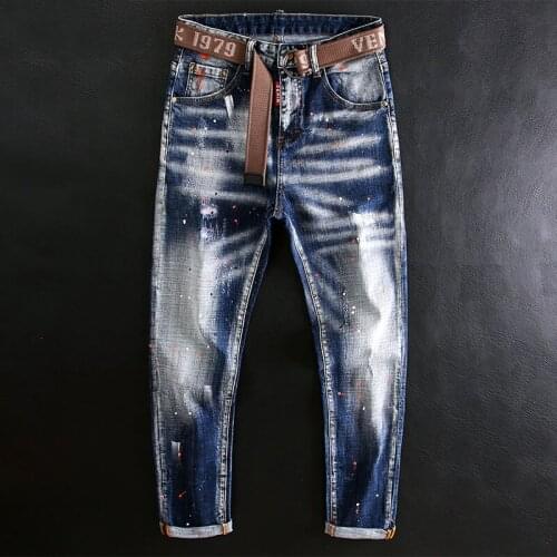 European American Street Fashion Men Jeans Retro Blue Elastic Slim Fit Ripped Jeans Men Hip Hop Painted Splashed Denim Pants