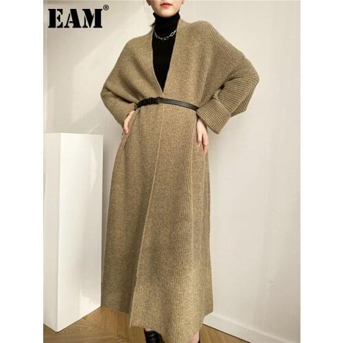 [EAM] Khaki Big Size Long Knitting Cardigan Sweater Loose Fit V-Neck Long Sleeve Women New Fashion Autumn Winter 2021 1DD1862