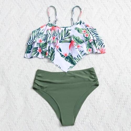 Floral Ruffled Hem Bikini Set Women Flora Bandage High-Waisted Two Piece Swimsuit 2021 Girl Beach Bathing Suit Swimwear Biquinis