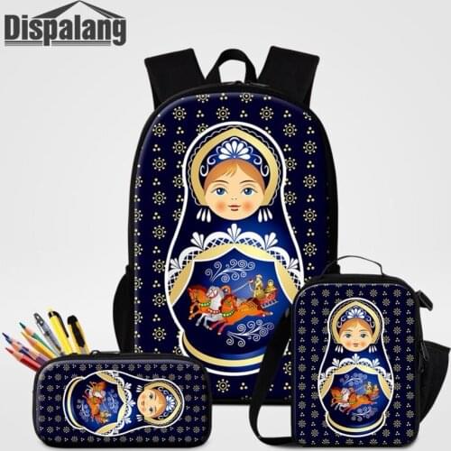 3 PCS Set Backpack Lunchbag Pencil Bag For Students Russia Matryona Matryoshka Doll Print School Bag Women Bagpack Girl Rucksack