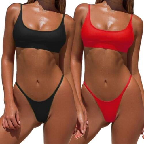 Two-Piece Bikini Sling V-neck Bathing Suit, Basic Criss Cross Tie Knot Front Deep V Open Bikini Swimsuit
