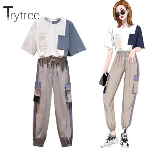 Trytree 2020 Summer Women Two Piece Set Casual O-neck Patchwork Pockets Tops + Pants Lace up Elastic Waist 2 Color 2 Piece Set