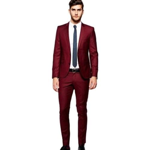 Handsome Mens Blazer Coat Trousers Set Burgundy Working Suit Pary Dress Slim Fits Groom Tuxedos (Jacket+Pants+Bow Tie) W:502