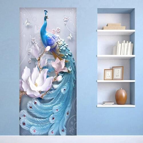2 Pieces/Set Creative DIY 3D Wall Door Stickers Modern Creative Blue Peacock Wallpaper Living Room Study Home Design Door Decals