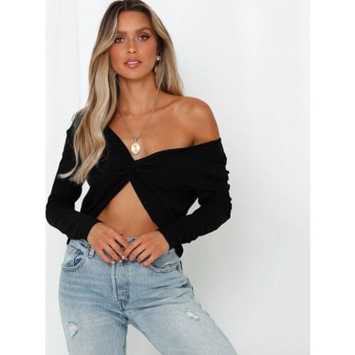 Crop Top Women Sweaters for Women Off Shoulder V-neck Fashion Long-sleeved Sexy Lady Casual Slim Fit Pullover Autumn Solid Black