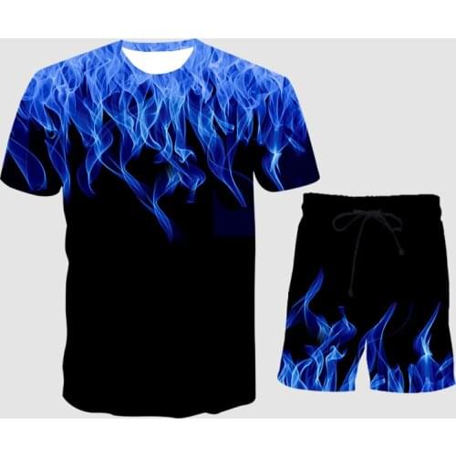 2021 summer Mens short-sleeved T-shirt + pants sportswear 3D printing multicolor flame mens T-Shirts casual fitness sportswear