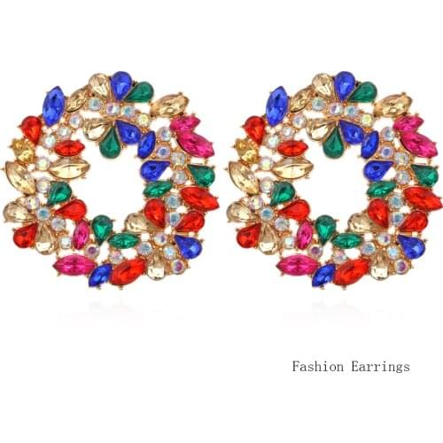 New Fashion Women Stud Earrings Hollow Colorful Rhinestone Metal Geometry Round Shape Elegant Earrings Jewelry Accessories