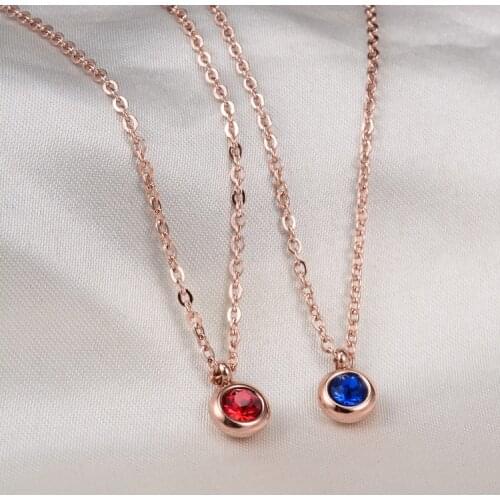 Rose gold color round blue/red crystal pendant necklace women fashion jewelry colar feminino, stainless steel necklace bijoux